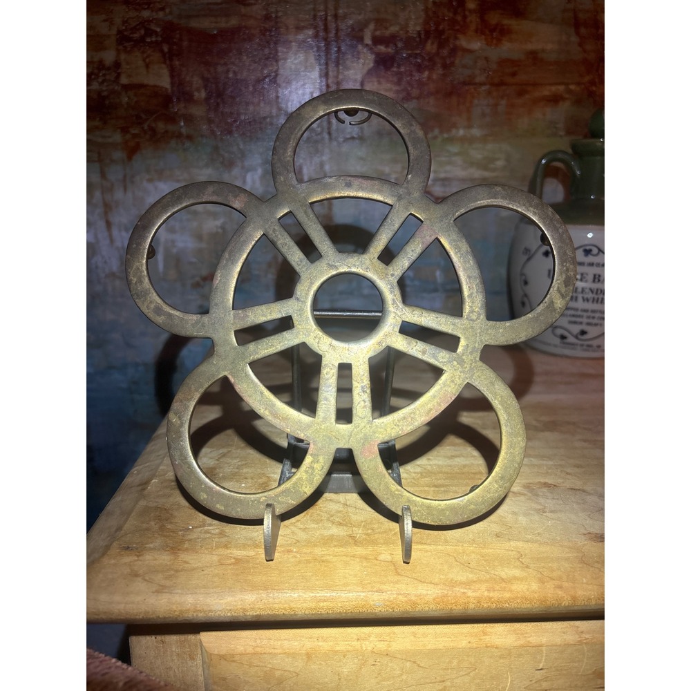 Vintage Solid Brass Flower Trivet Footed Wall Hanging Decor 7.75 Inch Patina
